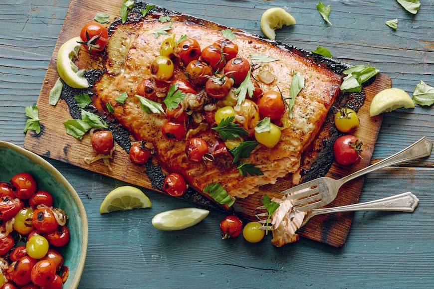 Cedar Plank Salmon with Blistered Tomatoes What's Gaby Cooking