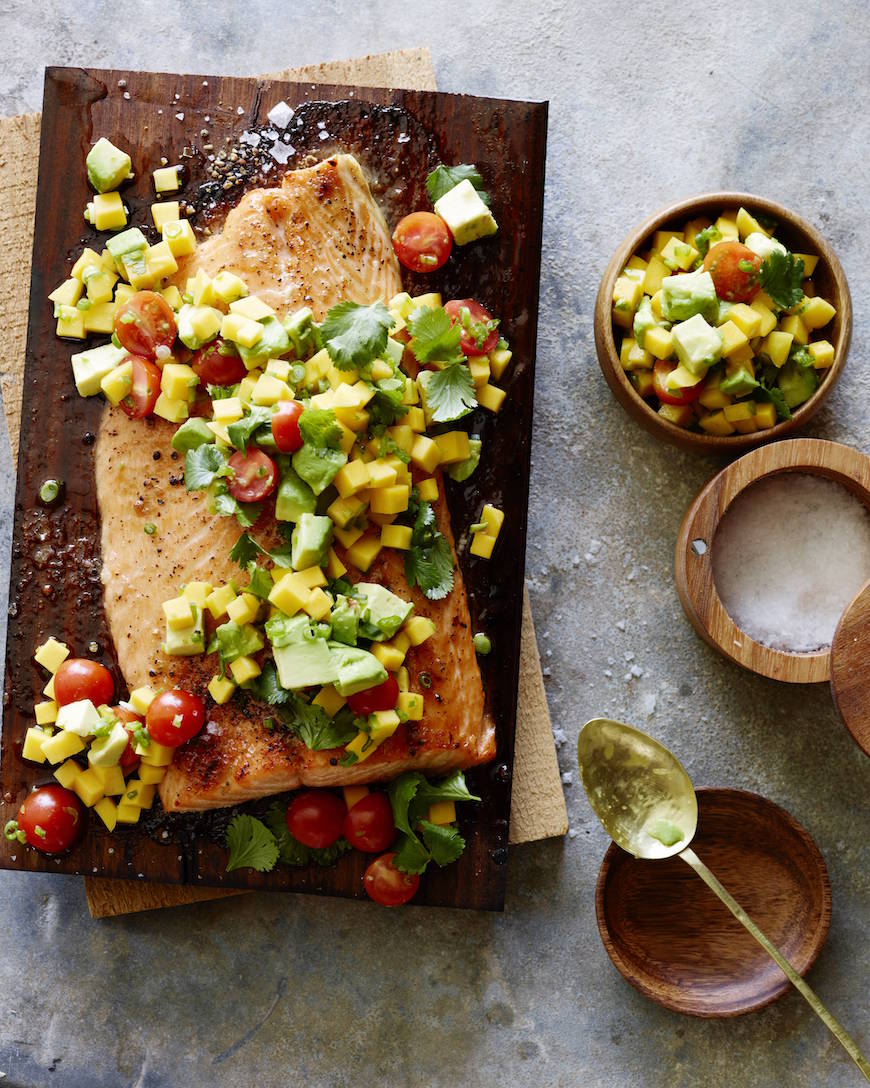 cedar plank salmon with mango salsa