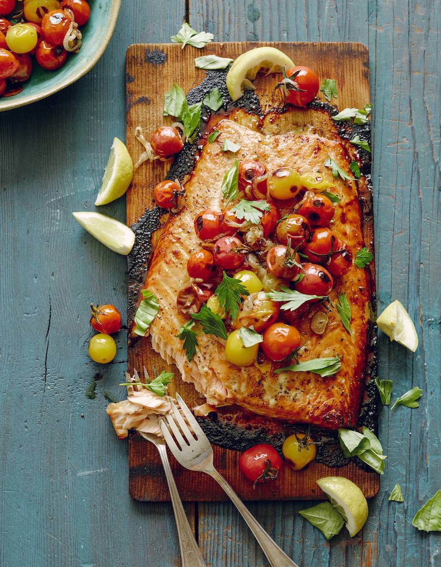 Cedar Plank Salmon with Blistered Tomatoes What's Gaby Cooking