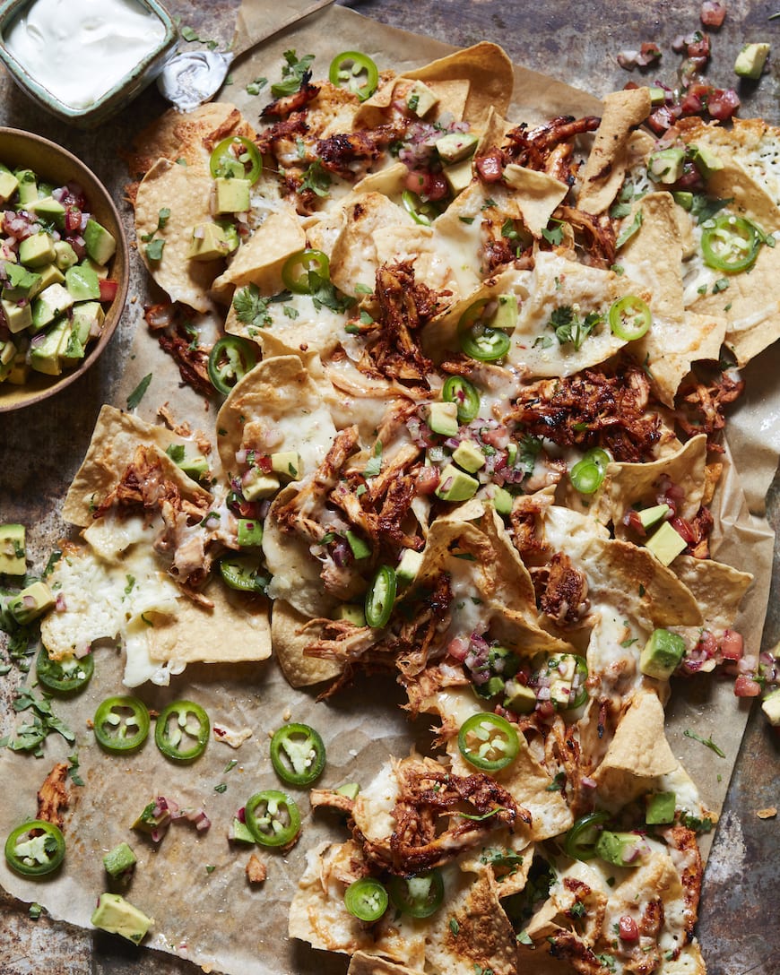 chrissy’s chicken nachos with avocado salsa